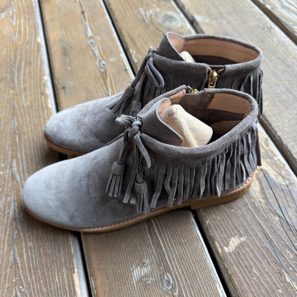 Like New Kate Spade Bitsy Gray Fringe Tassel Suede Moccasin Booties Women's 10M - Picture 9 of 14